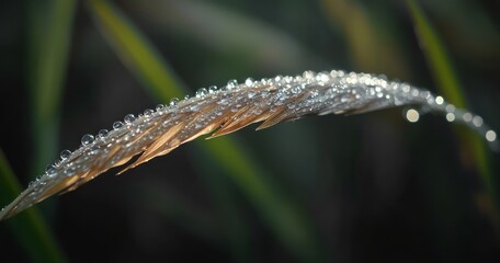 Naklejka premium close-up of a curved dry grass blade covered with numerous clear water droplets against a blurred green and dark background creating a serene natural scene