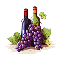 Exquisite Bunch of Grapes and Wine Bottles Displayed Against a White Background