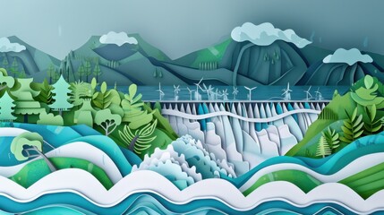 Fototapeta premium Paper Art Depiction of Renewable Energy Sources in a Green Landscape