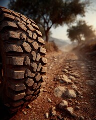 Closeup of Mud Tire on Rocky Road, Outdoor Adventure