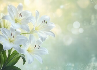Fototapeta premium Cluster of elegant white lilies with green leaves glowing softly against a dreamy blurred bokeh background