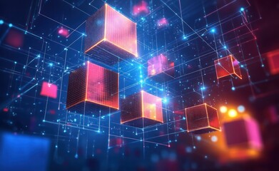 Obraz premium Glowing interconnected digital cubes floating in a futuristic network of bright blue and pink lines and light particles representing data or technology concepts