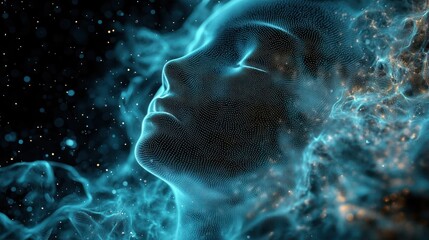 Digital abstract representation of a human face surrounded by glowing blue particles and smoke-like patterns evoking a serene and futuristic atmosphere