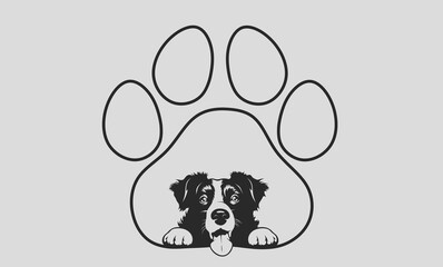 Black and white illustration with a dog paw print and a cute Border Collie puppy peeking out from the center. Suitable for veterinary clinic logos, clothing prints and pet product designs.