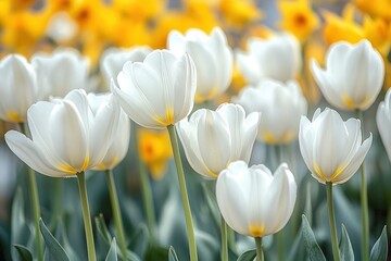 Fototapeta premium Close-up of delicate white tulips with soft yellow centers blooming amidst a blurred background of vibrant yellow tulips, evoking calm and natural beauty