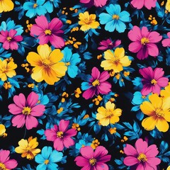 vibrant floral pattern featuring large pink, yellow, and blue flowers with dark green leaves on a black background