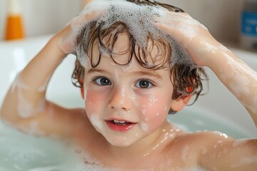 young child with wet hair covered in soap suds washing hair in bathtub looking curious and playful