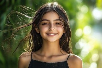 Fototapeta premium Young girl with long dark hair smiling happily against a bright green blurred natural background