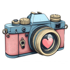 Vintage Camera with Heart in Lens on Transparent Background