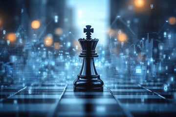 Black king chess piece standing on a chessboard with blurred cityscape and digital financial graphs in the background conveying strategy and leadership