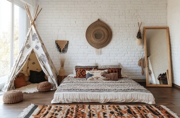 Cozy bohemian style bedroom with low bed covered in patterned textiles, decorative pillows, a woven wall mirror, floor mirror, teepee tent, and natural light from large window