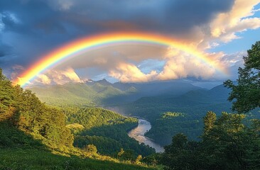 Vibrant rainbow arching over lush green forested mountains and a winding river under a dramatic sky with clouds and patches of blue