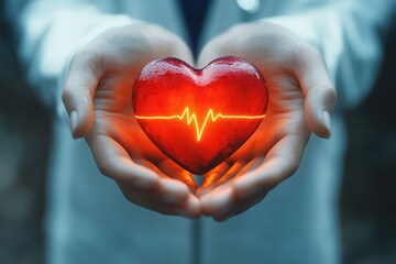 Obraz premium Close-up of hands holding a glowing red heart with an electrocardiogram line symbolizing life and health care