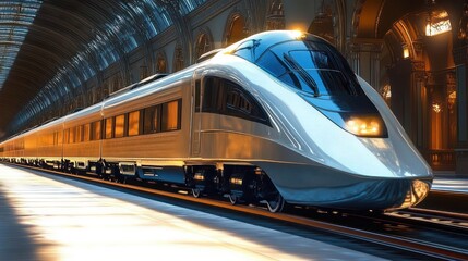 Naklejka premium Modern sleek high-speed train standing inside a spacious, elegant train station with vaulted glass ceilings and warm interior lighting