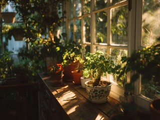 Sunlit Greenhouse Plants on Wooden Windowsill