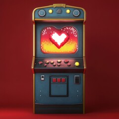 Vintage arcade game machine with a pixelated heart displayed on the screen and various buttons on the control panel, set against a solid red background, evoking nostalgia and playful emotion