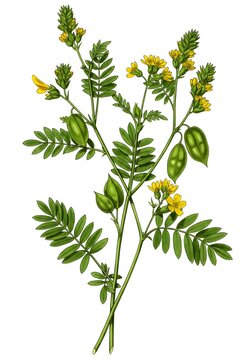 Vibrant botanical illustration of Senna alexandrina, showcasing its delicate yellow flowers, intricate leaves, and distinctive seed pods on a clean white background.
