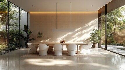Contemporary dining setup with white molded chairs, linear pendant light and soft shadows, front-facing composition, minimalist lifestyle 