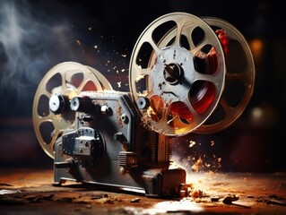 Fototapeta premium 動作中のレトロな映画プロジェクター、火花と煙
