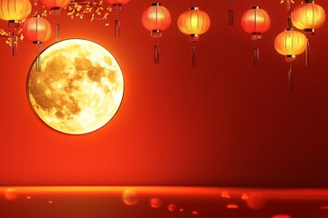 Blank mid autumn festival wishcard full moon and lanterns traditional style no text culturally respectful and Adobe Stock compliant