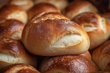 Close-up of freshly baked golden brown bread rolls with a crispy crust and fluffy interior stacked together