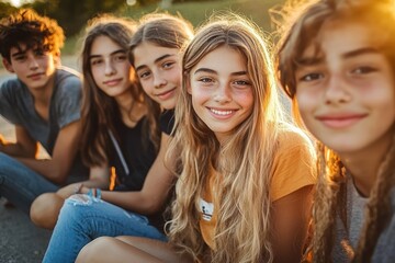 Obraz premium Group of smiling teenagers sitting closely together outdoors in warm sunlight creating a friendly and happy atmosphere
