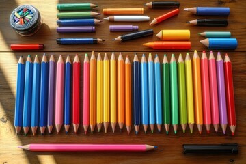 Fototapeta premium Neatly arranged colorful pencils and markers on wooden surface with a small round container of chalk pastels showing creativity and artistic tools