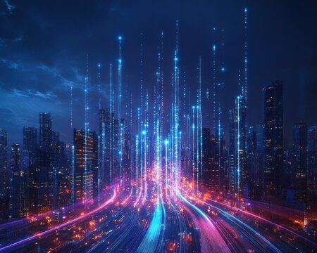 Futuristic cityscape at night with glowing skyscrapers and vibrant vertical light streams rising into the sky creating a dynamic and energetic atmosphere