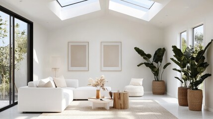 Bright and airy modern living room with skylights, simple white furniture, and clean aesthetic throughout