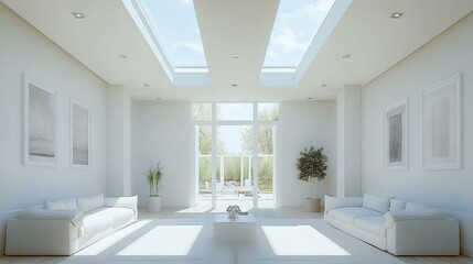 Bright and airy modern living room with skylights, simple white furniture, and clean aesthetic throughout