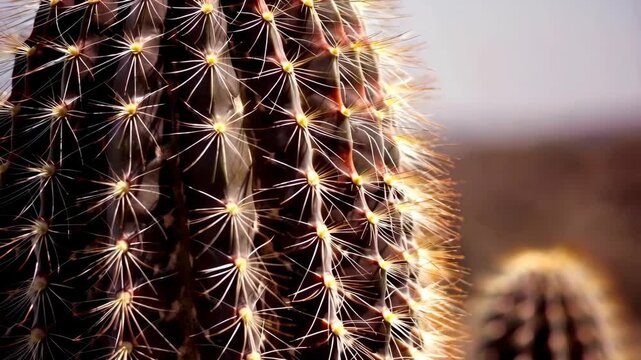 Closeup of a brown cactus plant with sharp white needles in the desert under daylight, warm color aesthetic, cacti texture