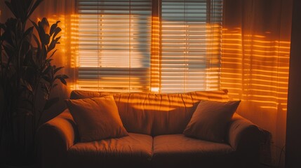 Fototapeta premium Calm interior with sunlight streaming through plantation shutters, creating lines of light across soft-toned furniture