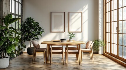 Cozy minimalist dining room with light wood furniture and pastel pink cushions, framed wall art, natural daylight, Scandinavian style 