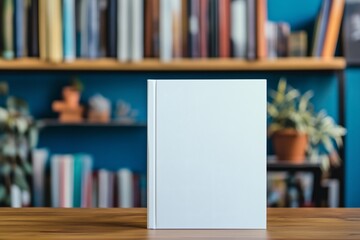  Clean white hardcover book standing upright on a wooden surface against a vibrant blue bookshelf, ideal for showcasing a new release, journal, or design concept in a literary setting
