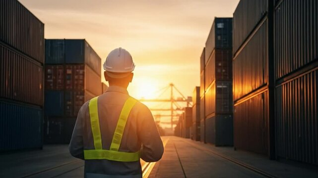 A dock worker wearing a reflective vest and helmet inspects cargo containers at dusk.