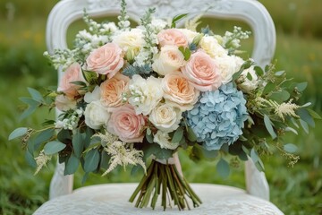 Obraz premium Elegant bouquet of mixed pastel roses, blue hydrangeas, white flowers, and green foliage arranged on a white vintage chair outdoors