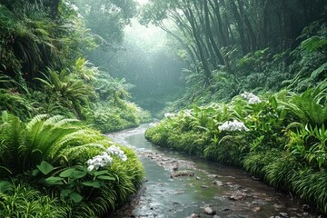 Serene lush green forest with dense foliage and white flowers flanking a narrow, winding stream under soft diffused light