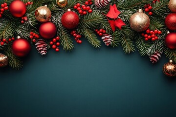 Naklejka premium Festive Christmas garland with pine branches, red and gold baubles, pine cones dusted with snow, red berries and poinsettia flowers on a dark green background