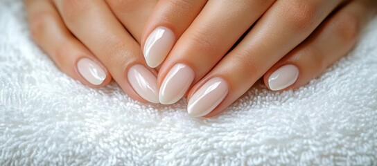 Naklejka premium Close-up of manicured hands with glossy, natural-looking nails resting on a soft white towel conveying elegance and care