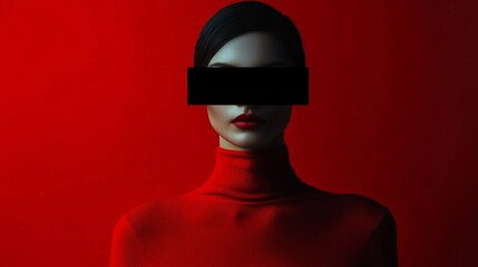 Mysterious figure in a red turtleneck against a vibrant red background creates striking visual impact