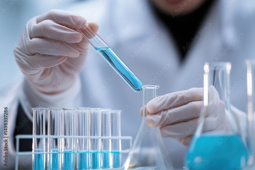 Poster Close up of scientist's hands pouring blue liquid substance from test tube into erlenmeyer flask during experiment in laboratory