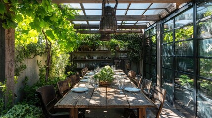 Fototapeta premium Glass-enclosed dining area with rustic table, sunlight streaming through, and lush greenery outside