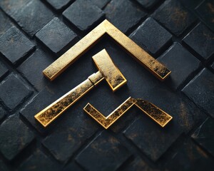 golden gavel and house roof icon resting on dark textured stone tiles symbolizing justice and real estate