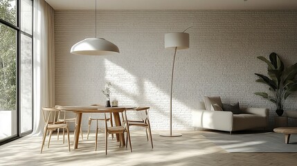 Elegant dining-living combo with textured white brick wall, floor lamp and modern decor, daylight ambiance, contemporary home style 