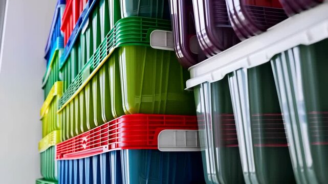Eye-Level view of stacked colorful plastic storage bins in a container store, ideal for closet organization or home decluttering concept