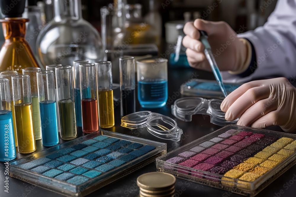 Poster scientist using a pipette adding a blue liquid to a petri dish, analyzing colorful chemical samples 