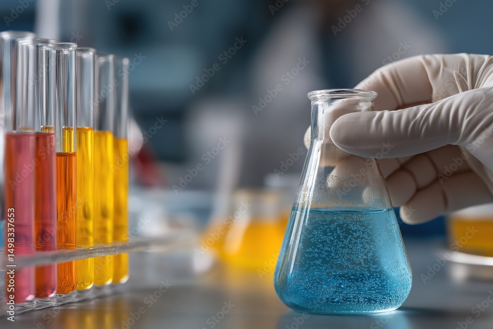 Poster gloved hand holding an erlenmeyer flask containing a bubbling blue liquid, with test tubes of variou