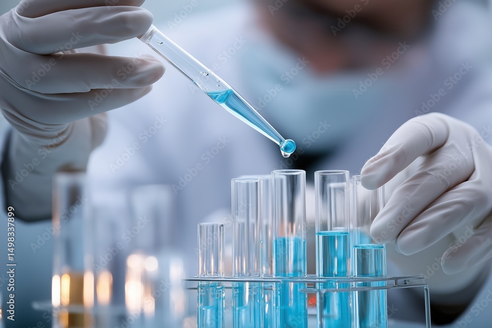 Poster Scientist wearing gloves carefully adding reagent to test tubes using a pipette during an experiment in a modern laboratory