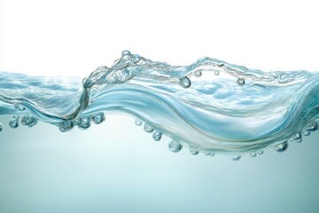 Clear water wave with bubbles rising, showing fluid motion and transparency against a light background