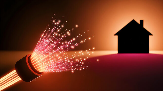 A conceptual digital illustration showing a glowing fiber optic cable transmitting data in the form of sparkling lights towards a silhouetted house.